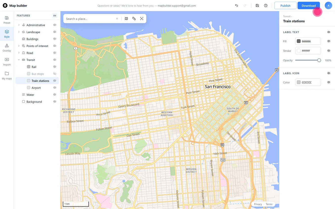 Map Builder editor with the Download button highlighted in the top-right corner