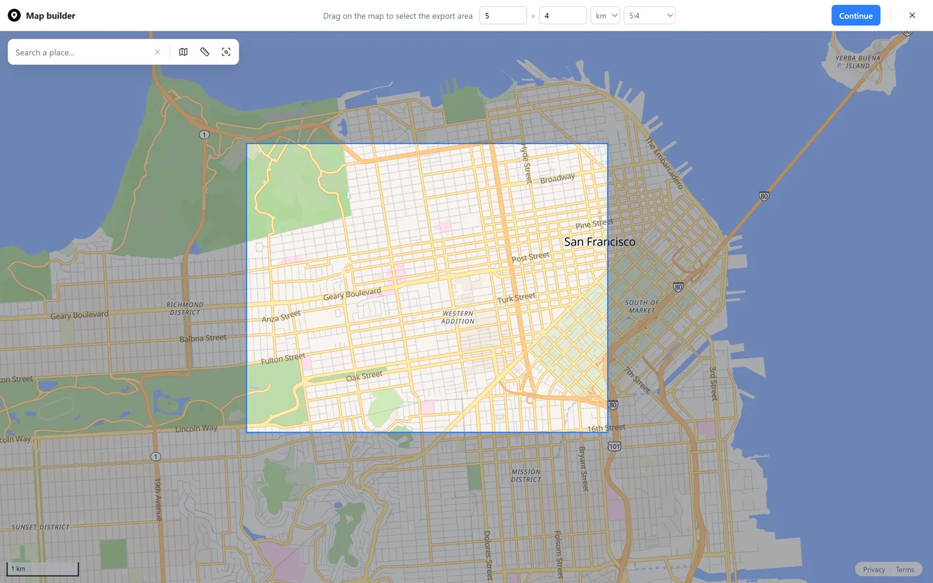 Export area selector with a 5 by 4 kilometer bounding box drawn on the map