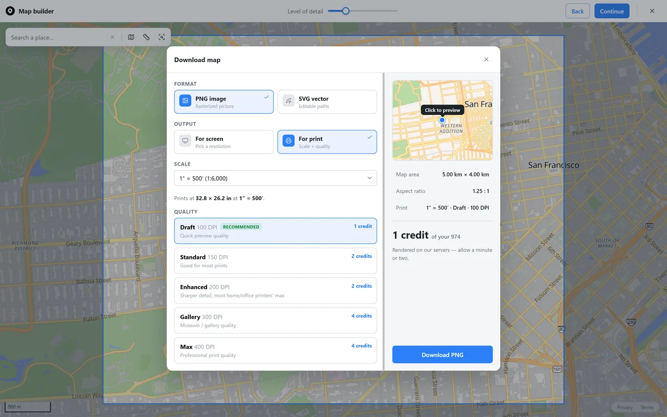 Download dialog with For print selected, showing scale and DPI quality options