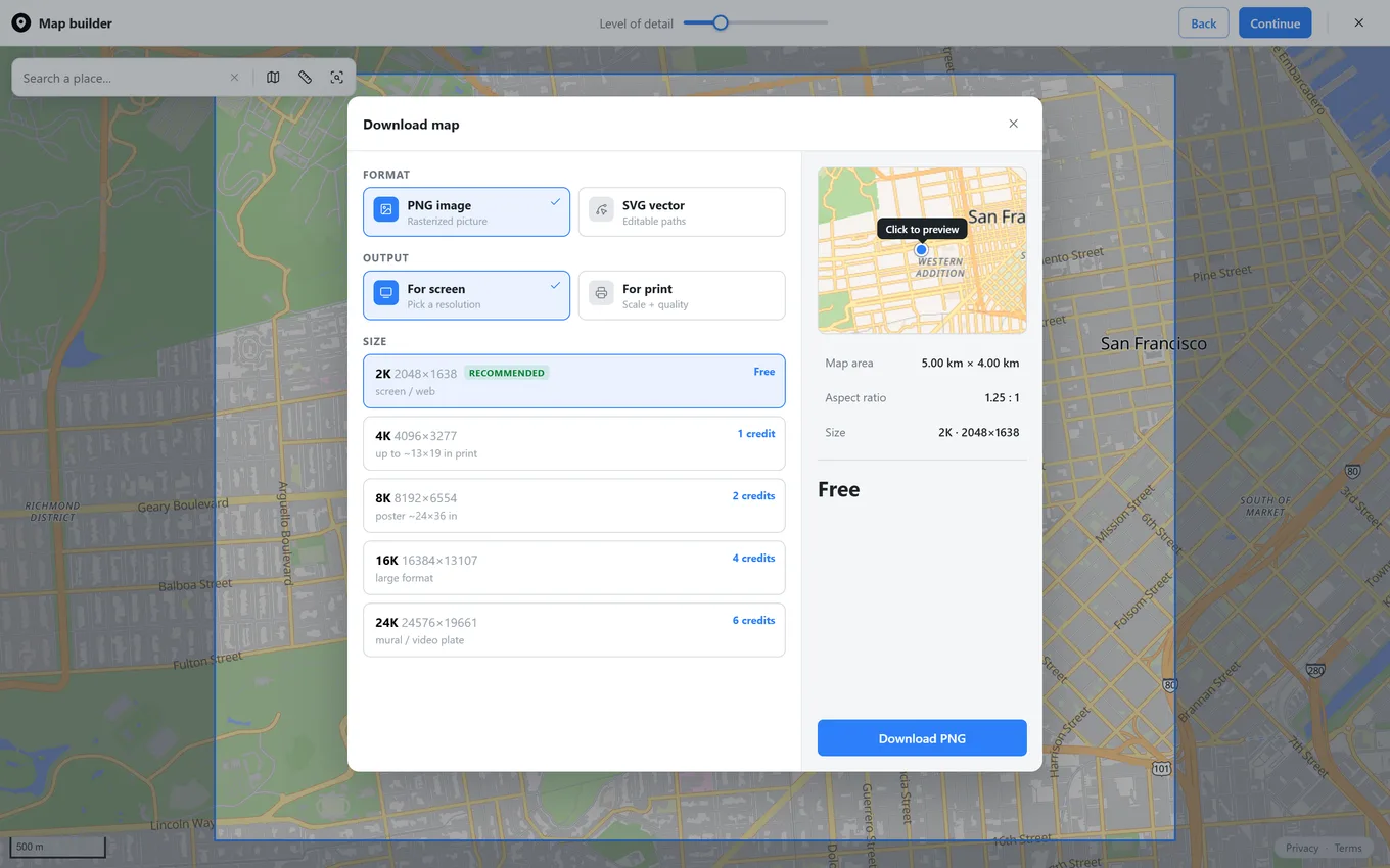Download dialog with For screen selected and resolution tiers from 2K to 24K