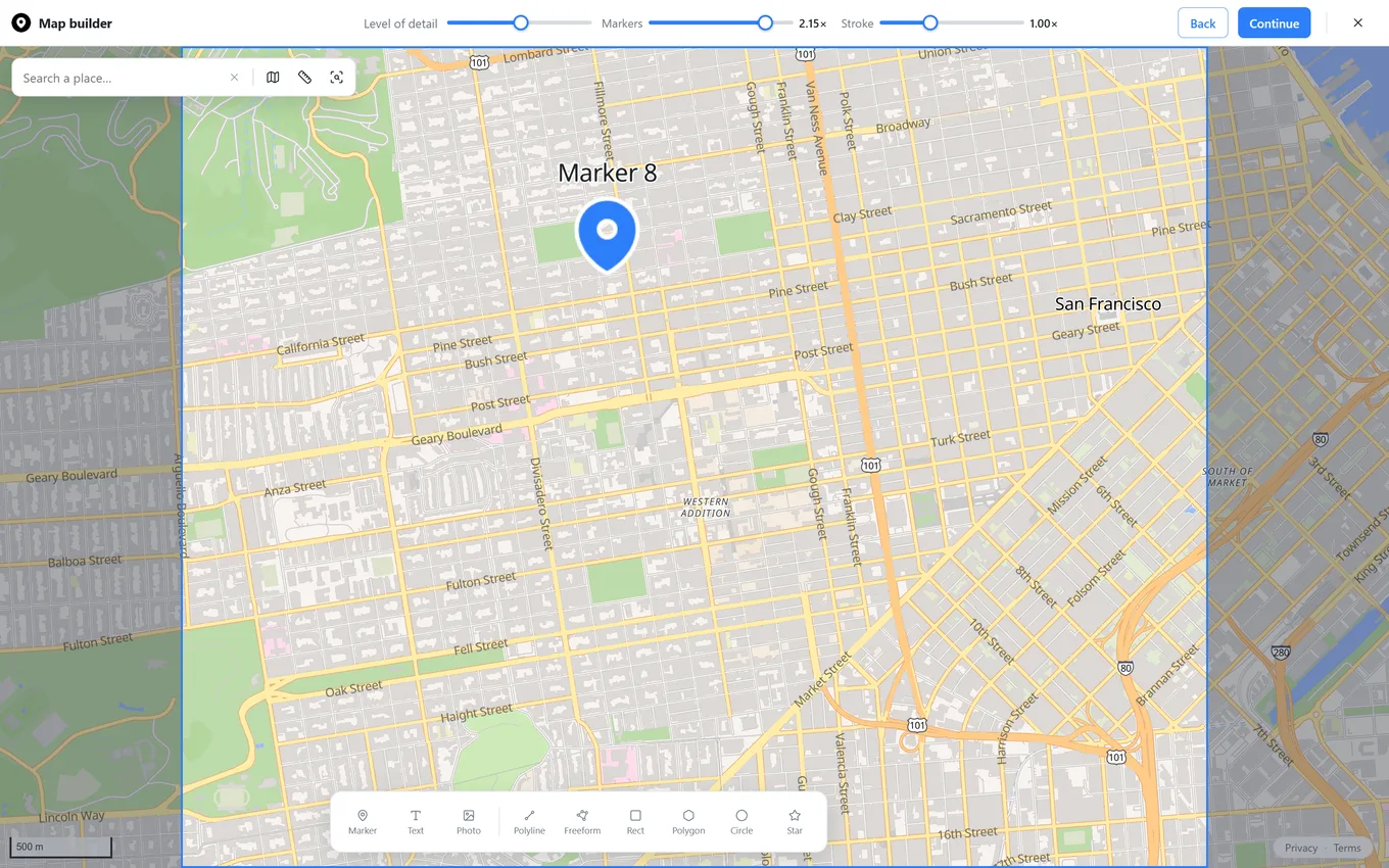 Level of detail step with Markers and Stroke sliders and a marker placed on the map