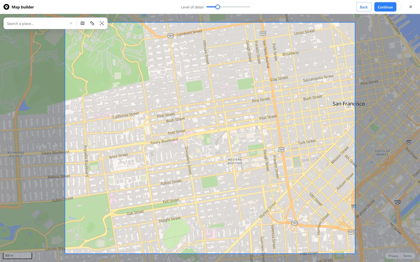 Zoomed-in level of detail showing building footprints and small streets