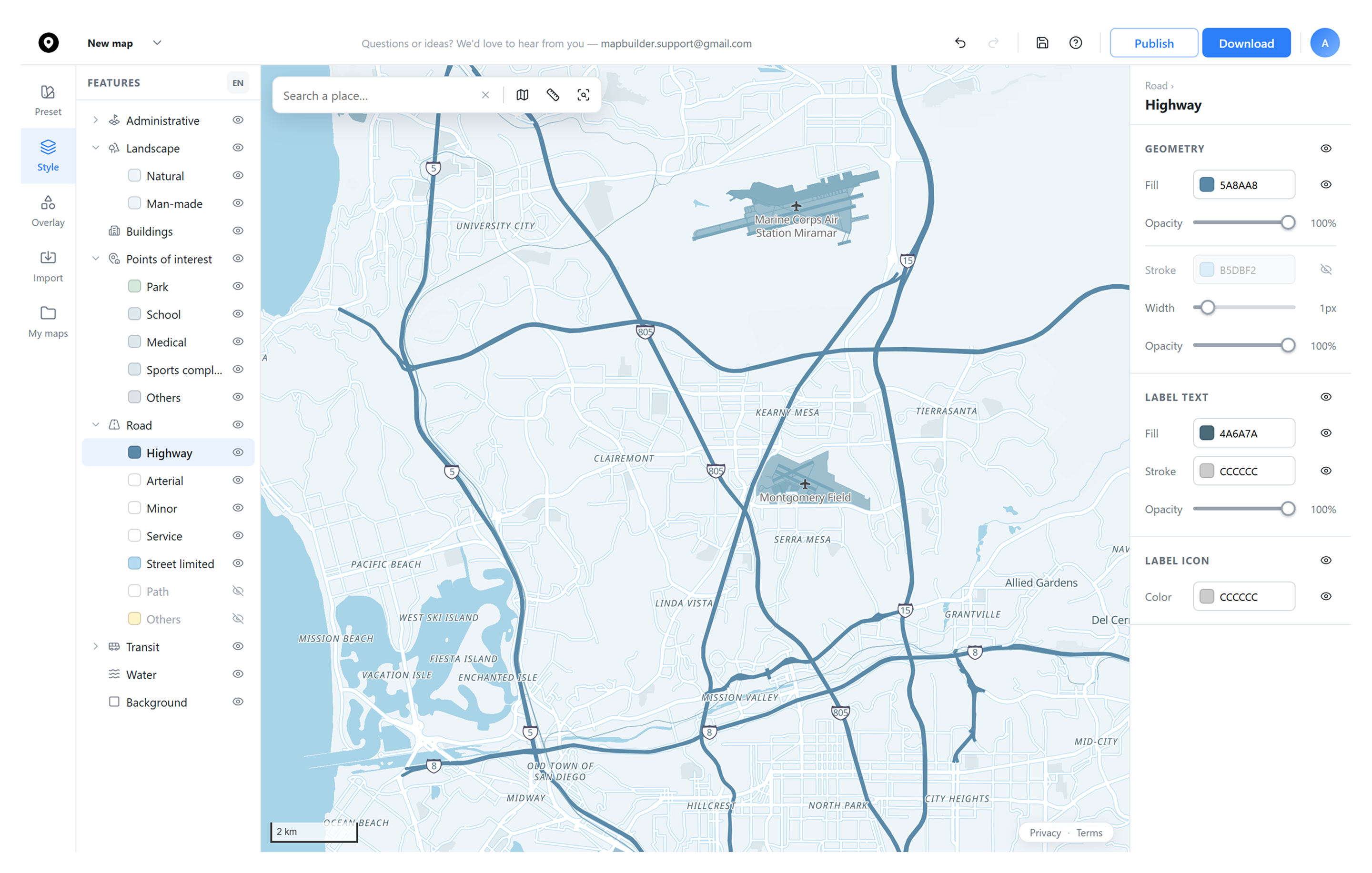 Map Builder's style panel showing a highway color and label editor