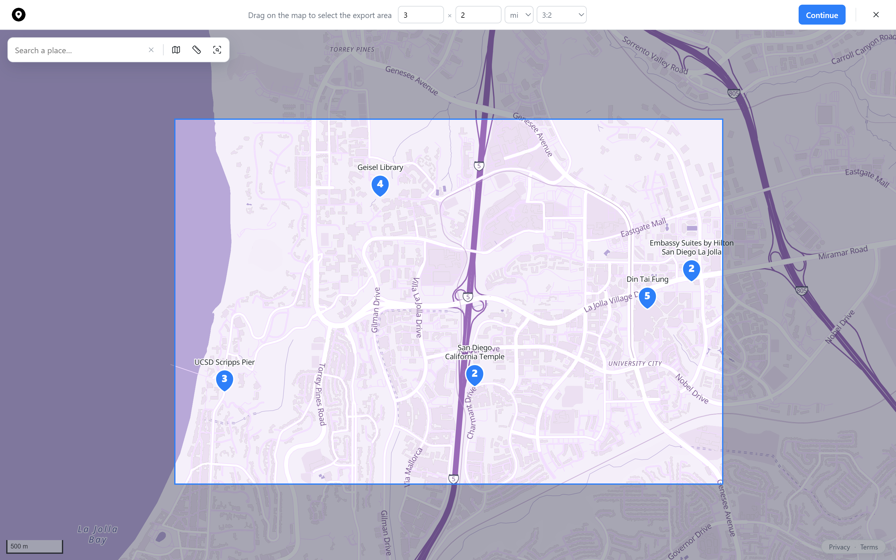Export area selector with width, height, and aspect ratio controls