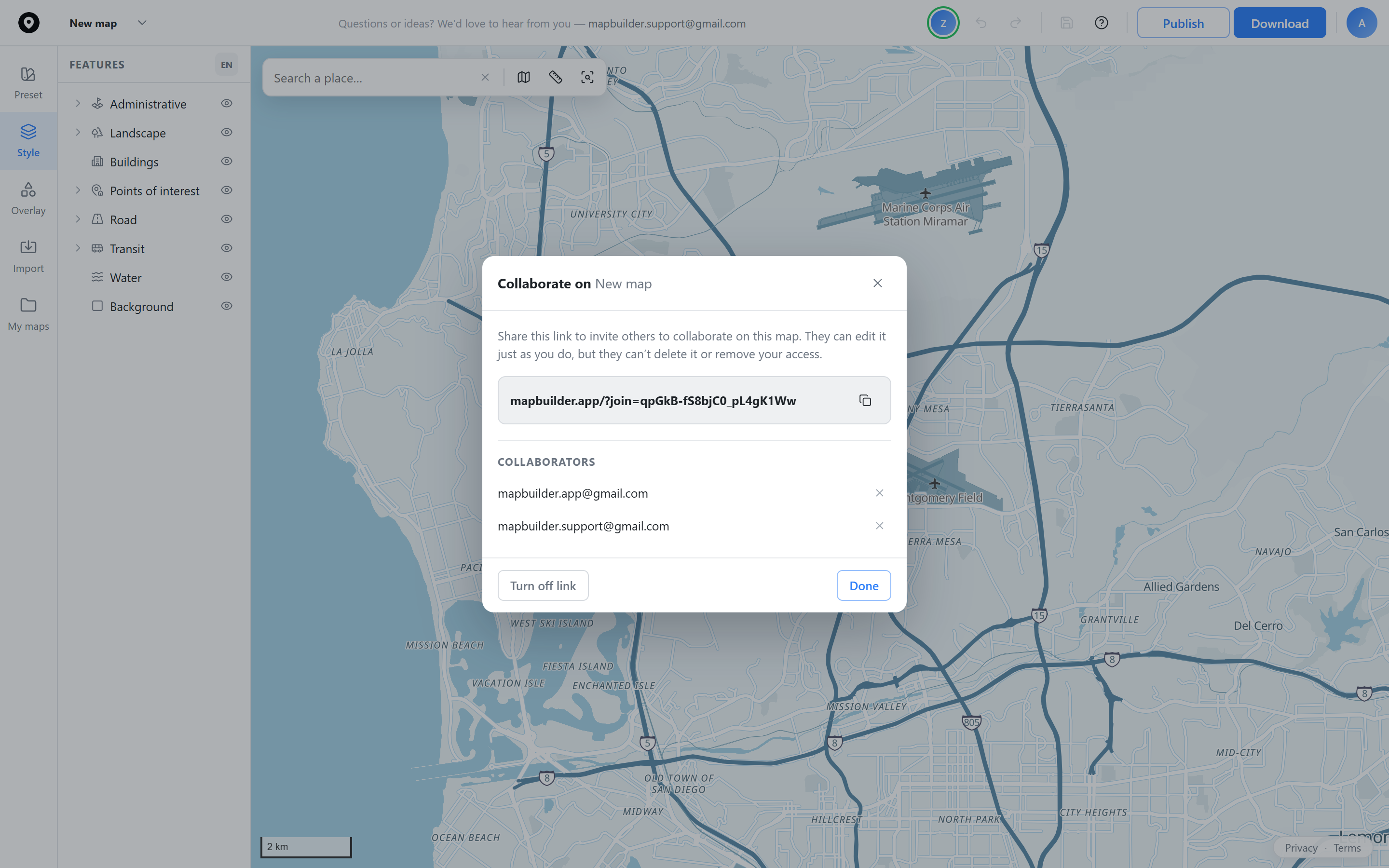 Map Builder's collaborate dialog showing a shareable edit link and collaborator list