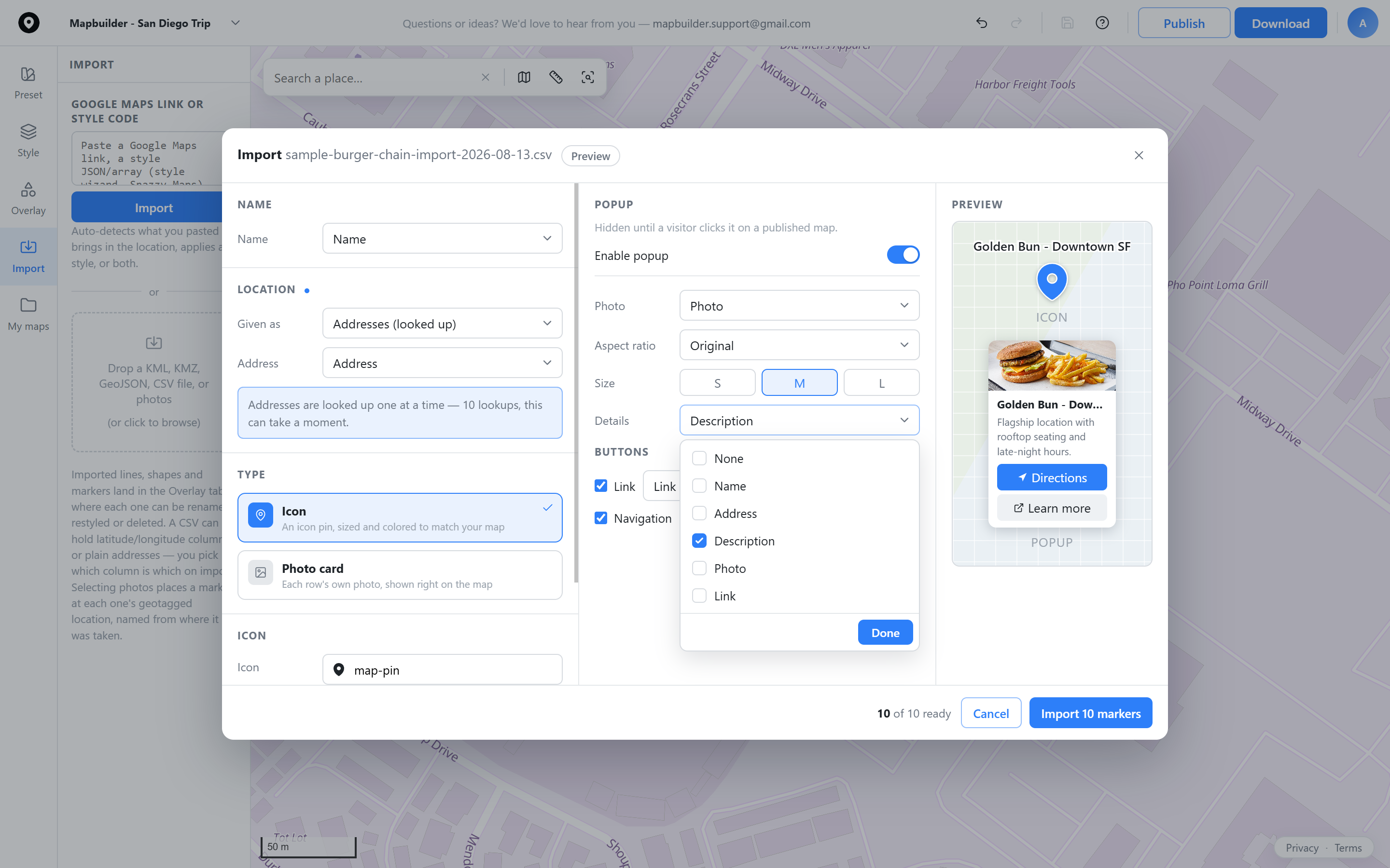 CSV import dialog mapping columns to name, address, and popup fields