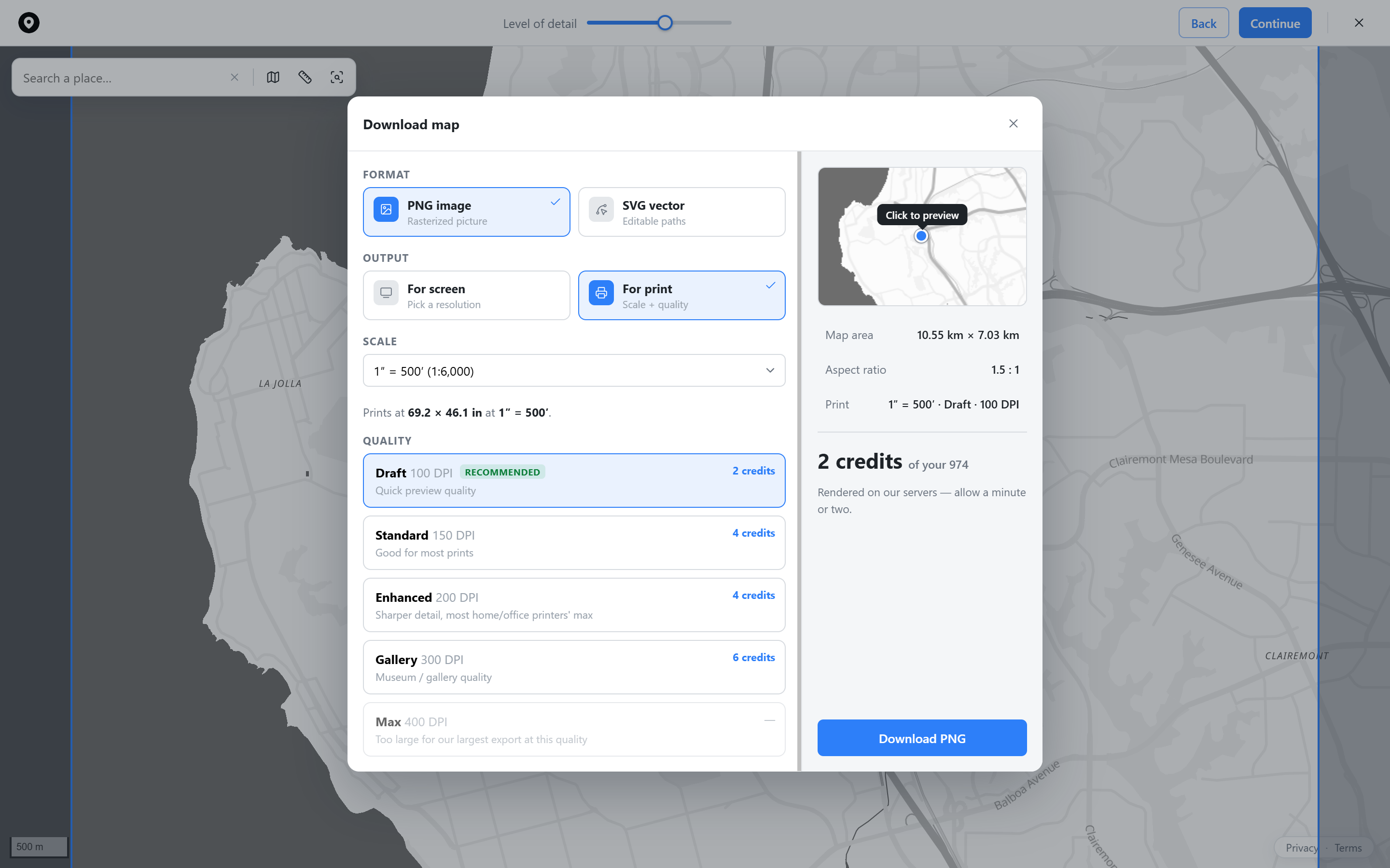 Map Builder's download dialog showing print scale, DPI, and quality options