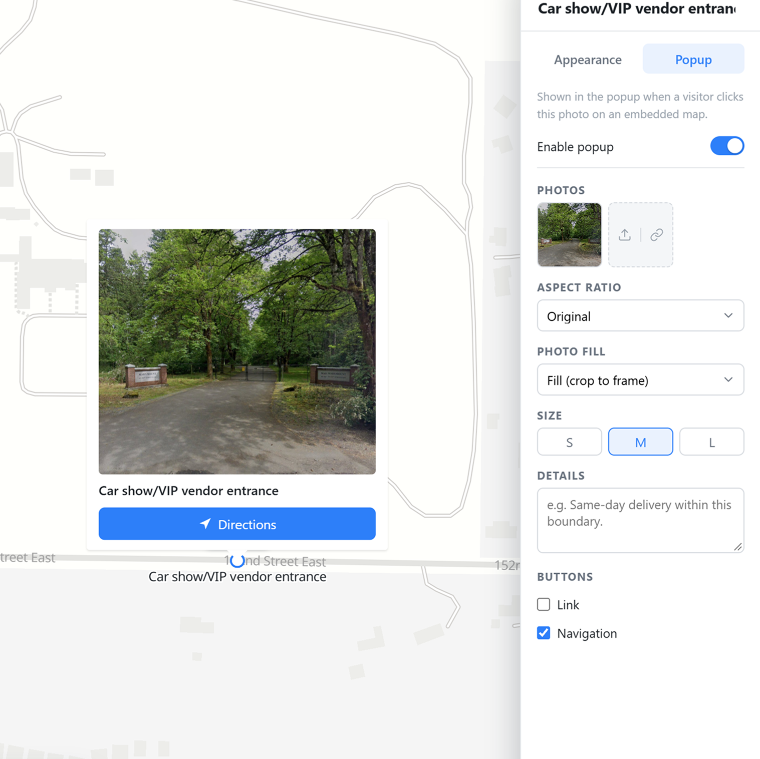 A Spectator Entrance popup with a photo and a Directions button