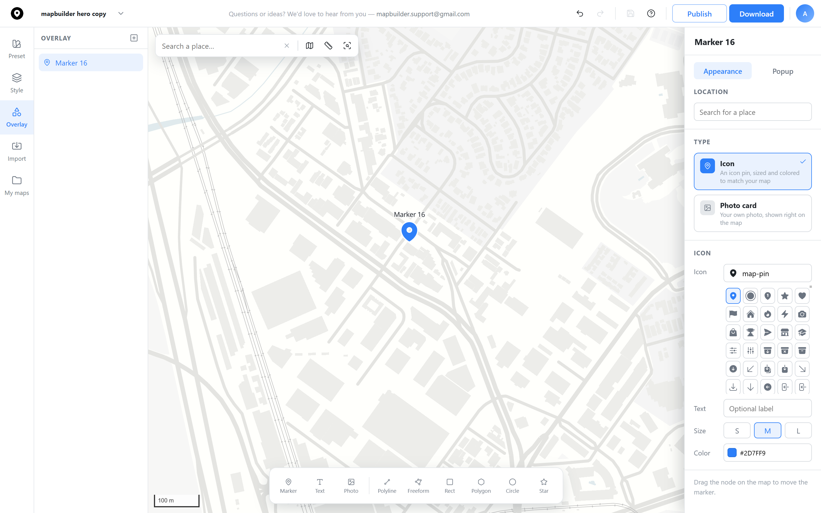 Marker icon picker with color and size options