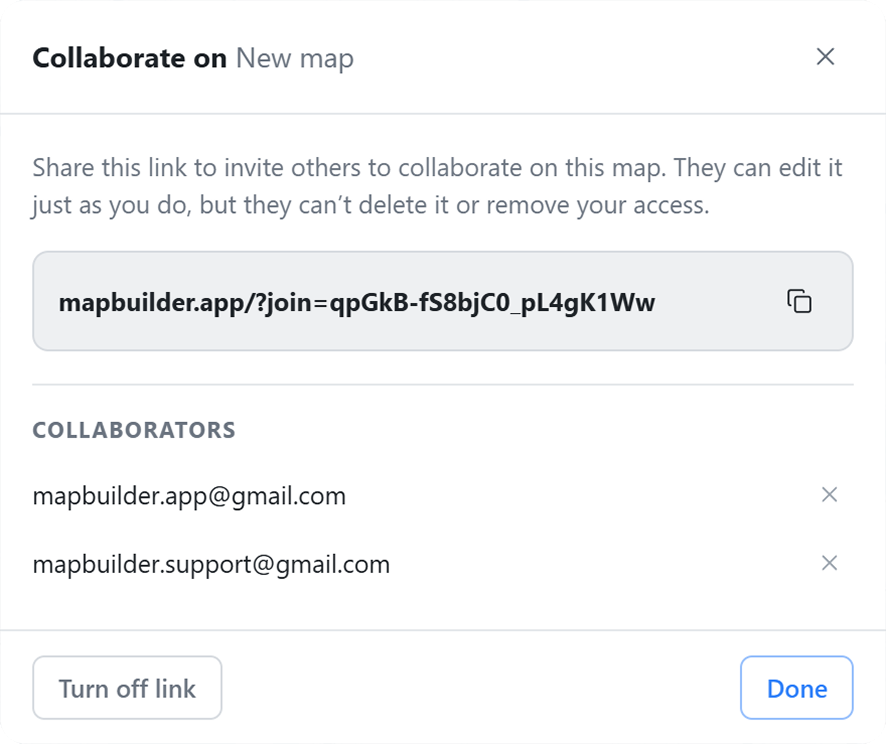 Collaborate dialog with share link and collaborator list