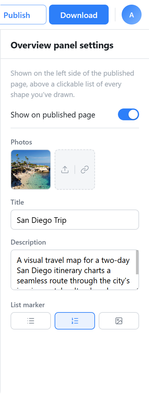 Overview panel settings for the photo, title, and list marker style