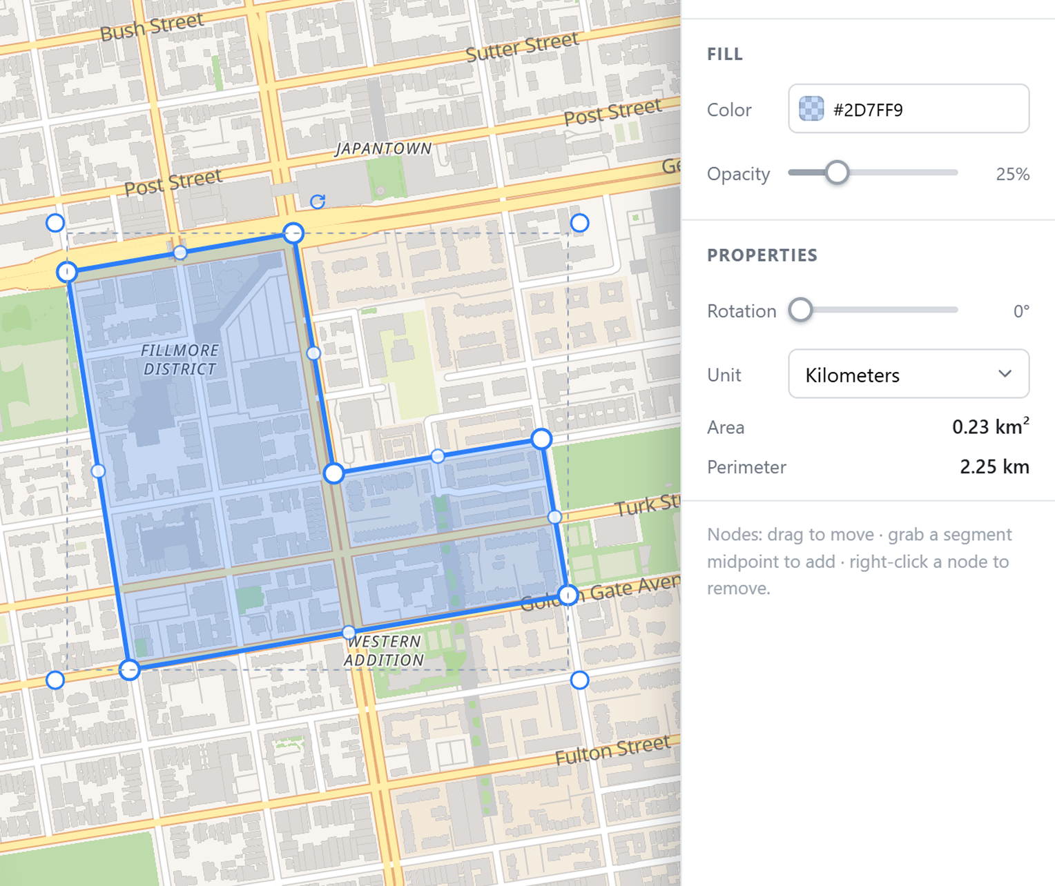 Shape editor showing live area and perimeter measurements