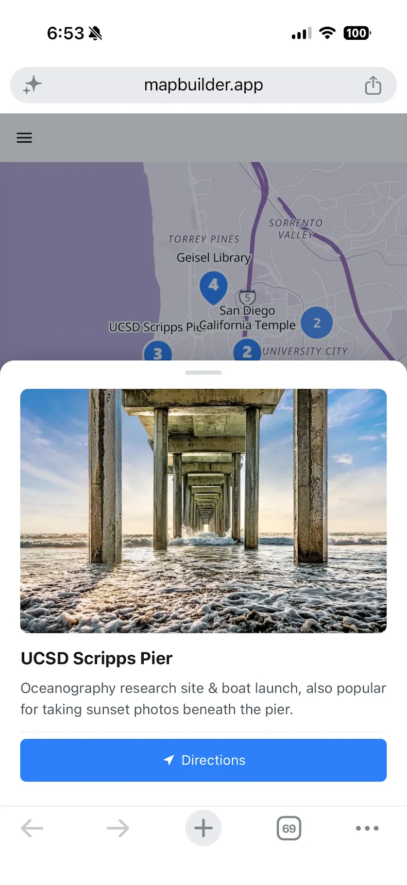 A marker's photo popup, viewed on a phone