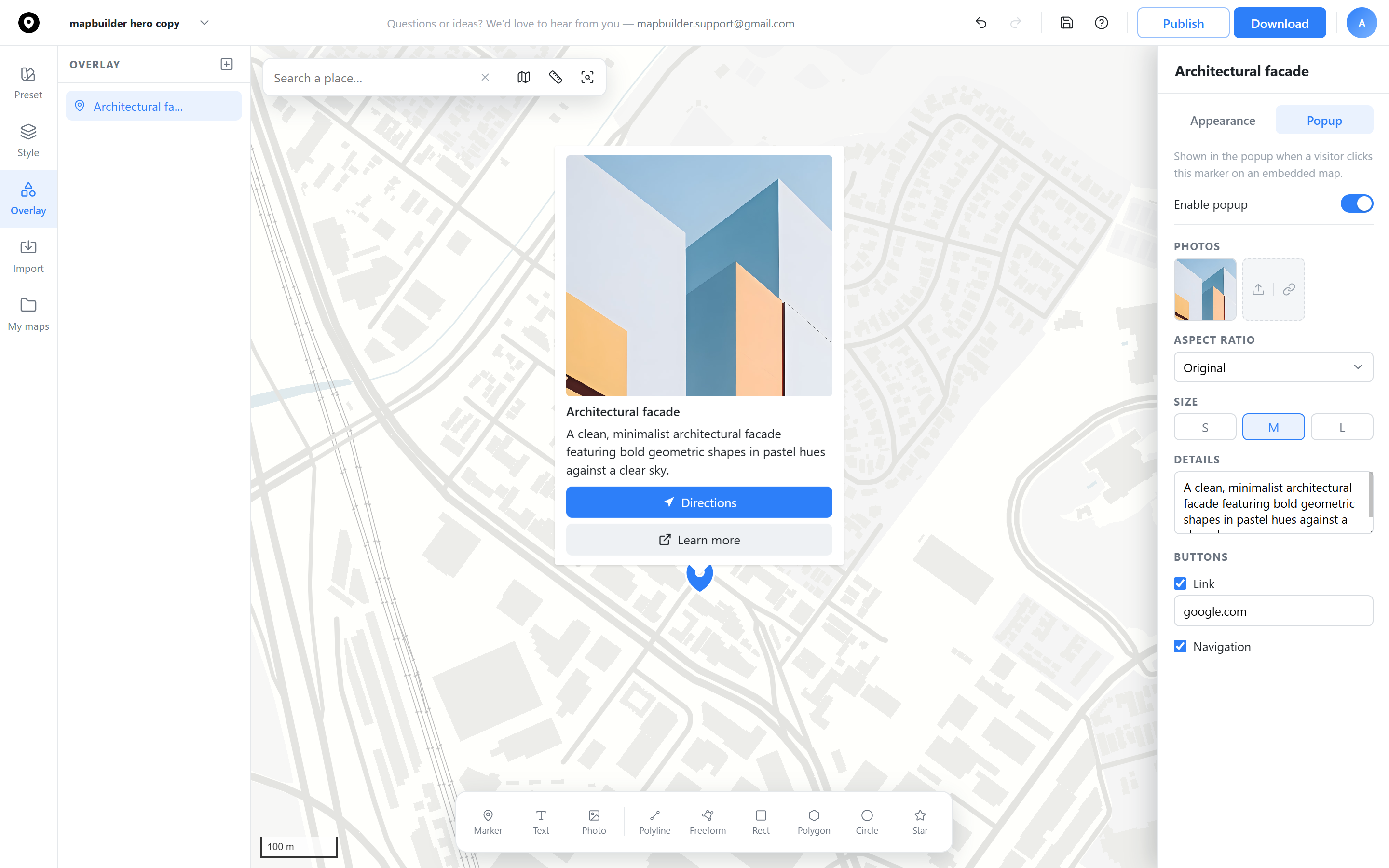 Popup content editor with photo, title, and buttons