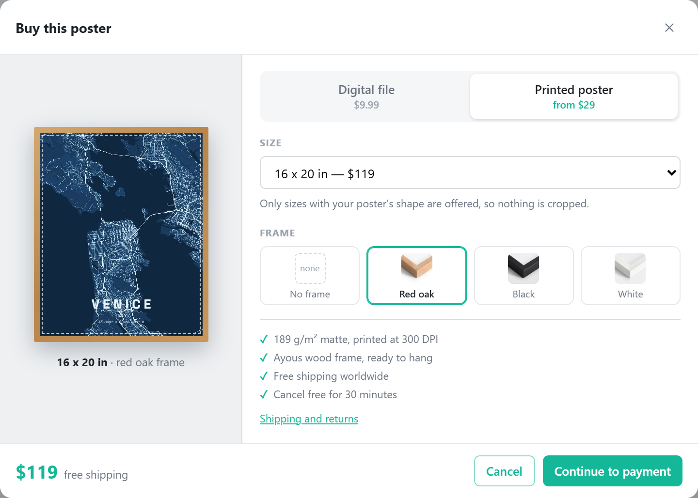 Map Builder's buy dialog for a printed poster, showing size, frame, and price options