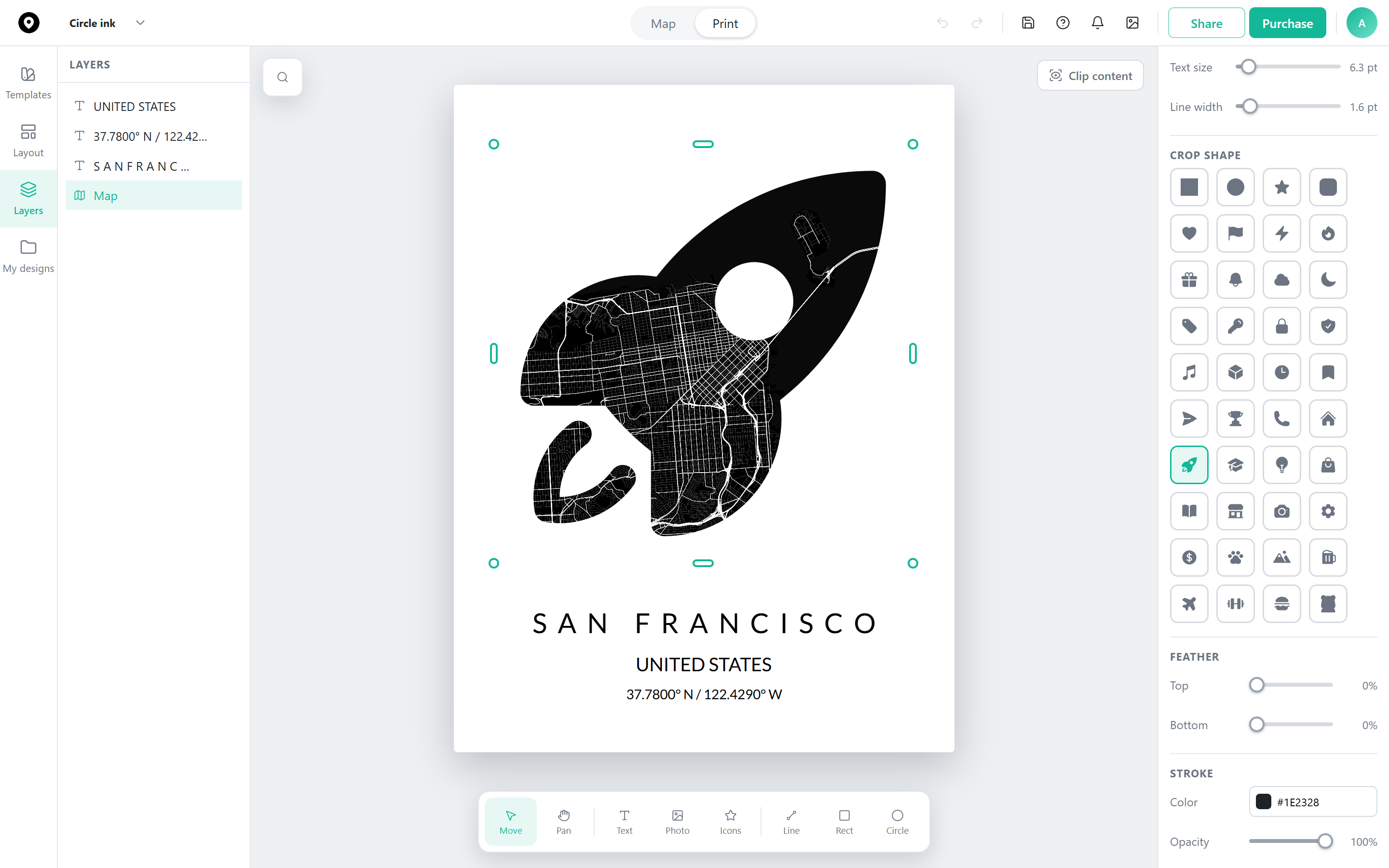 Map Builder's crop shape options, including a custom icon-shaped crop applied to the map