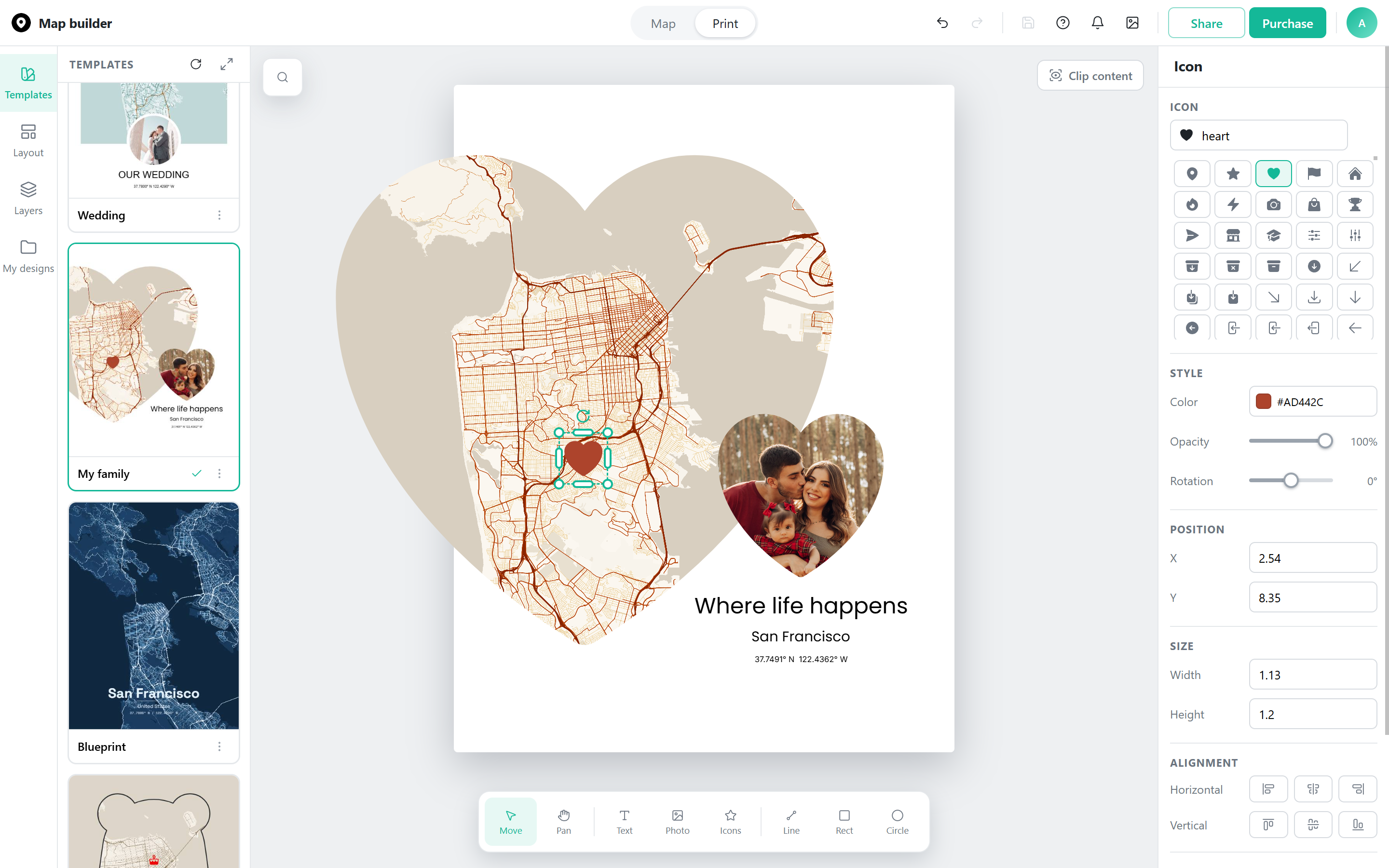 Map Builder's Icon panel with a heart icon selected on a poster that also has a circular photo element