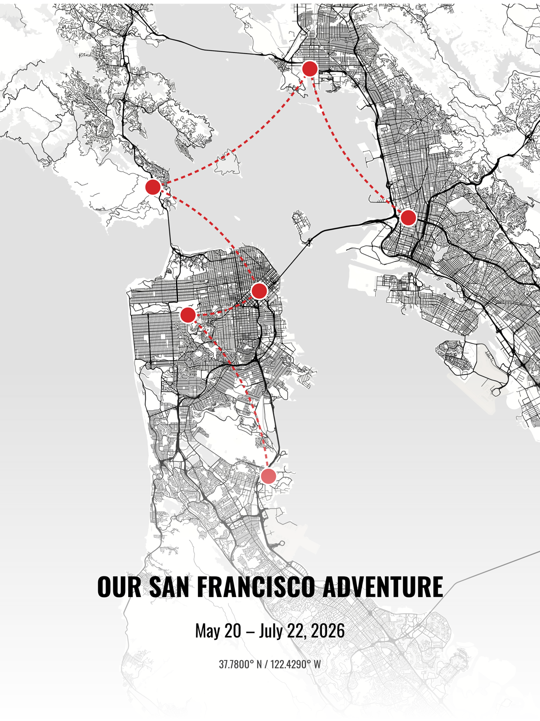A printed poster titled Our San Francisco Adventure with a dashed route connecting five labeled stops
