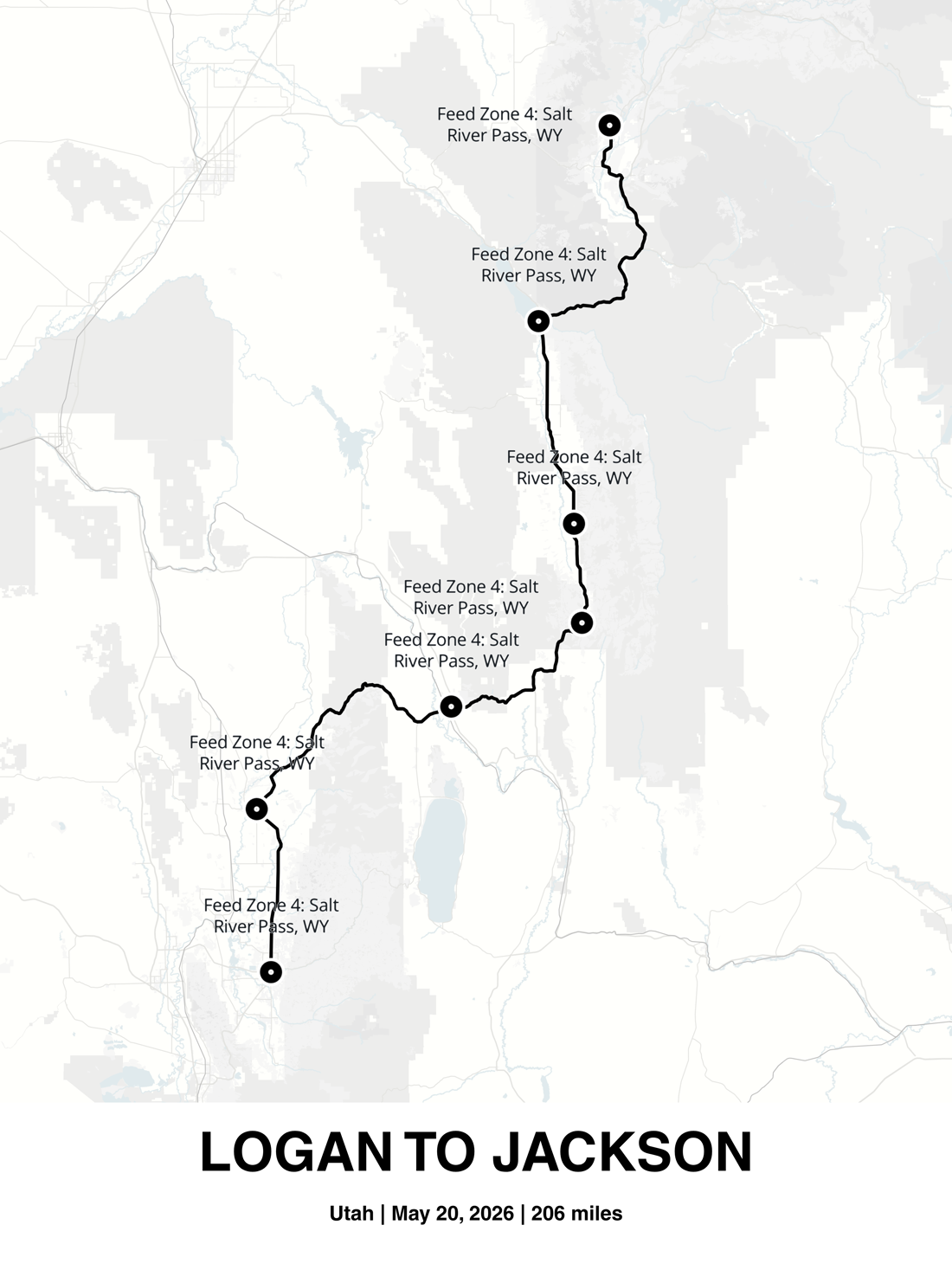 A printed poster titled Logan to Jackson with a solid route line and labeled waypoints along a 206 mile trip
