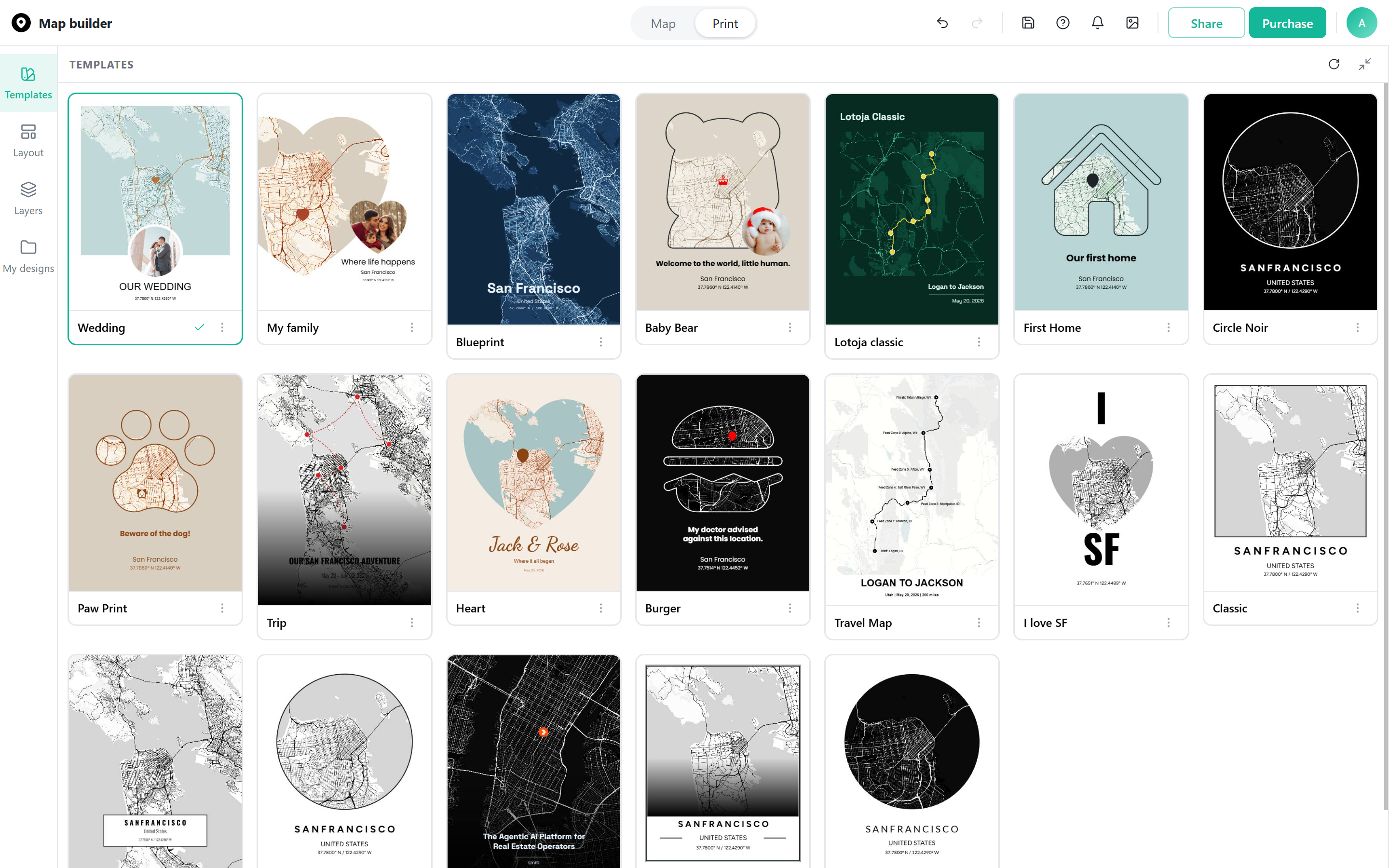 Map Builder's Print templates gallery, including Wedding, My family, Blueprint, Baby Bear, First Home, and Travel Map layouts
