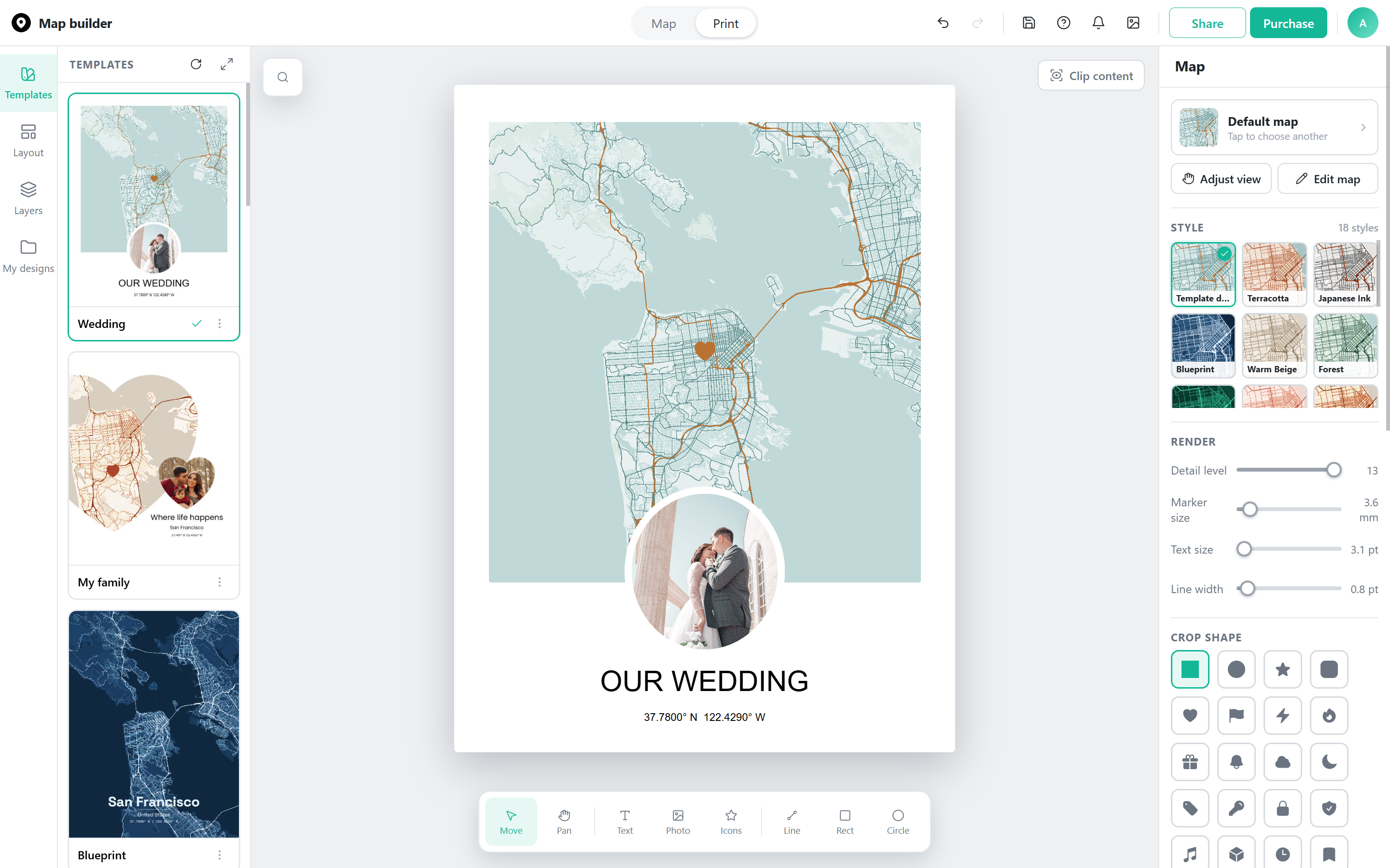 Map Builder's Print editor showing a wedding map template, style presets, and render controls