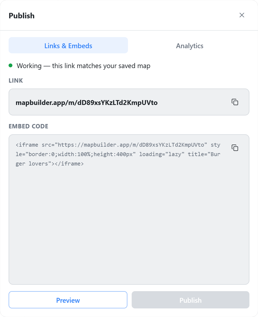 Publish dialog with shareable link and embed code