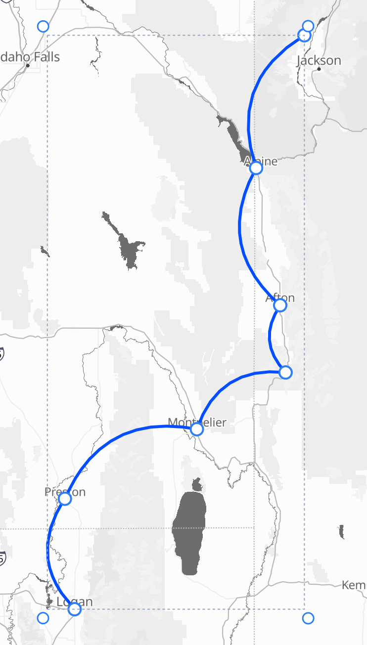 The same road-trip route drawn with each leg bowed into an arc
