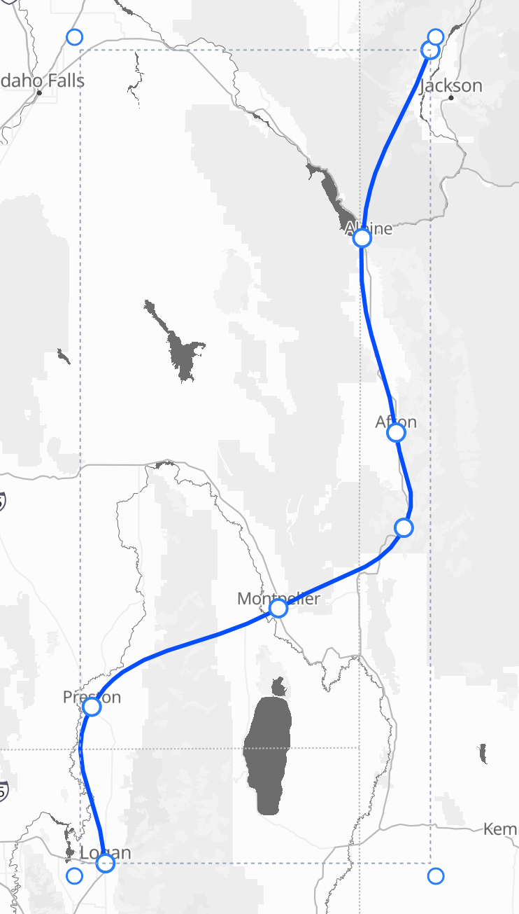 The same road-trip route flowing through every stop as one smooth Bézier curve