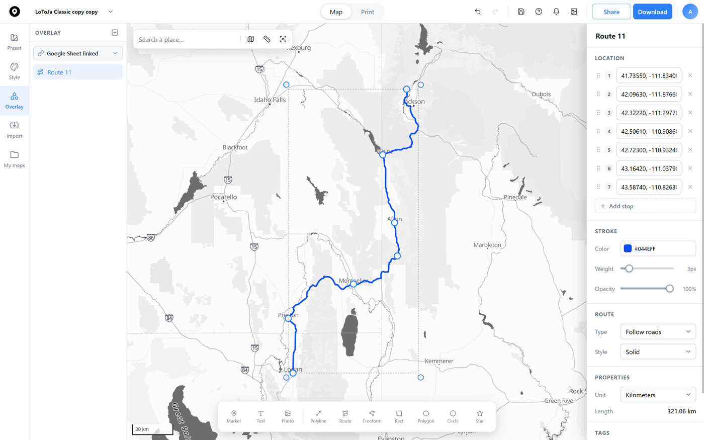 A route styled with a blue stroke to match a cool color palette