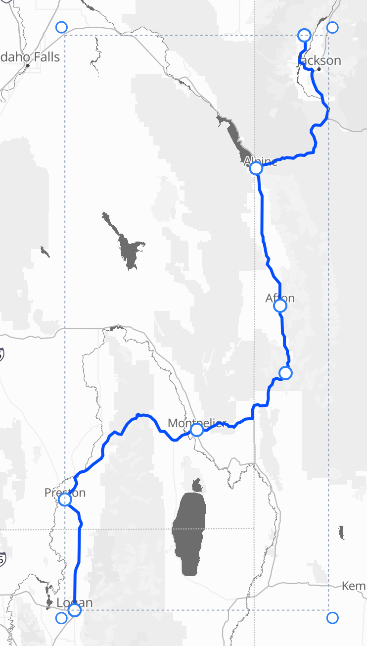 The same road-trip route snapped to the real road network