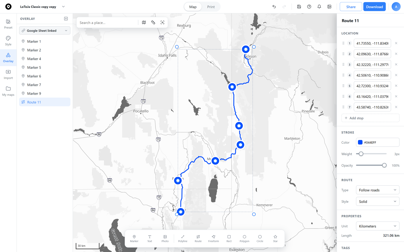 Map Builder's Overlay list showing a route linked to a set of markers, following the roads through Preston, Montpelier, Afton, and Jackson
