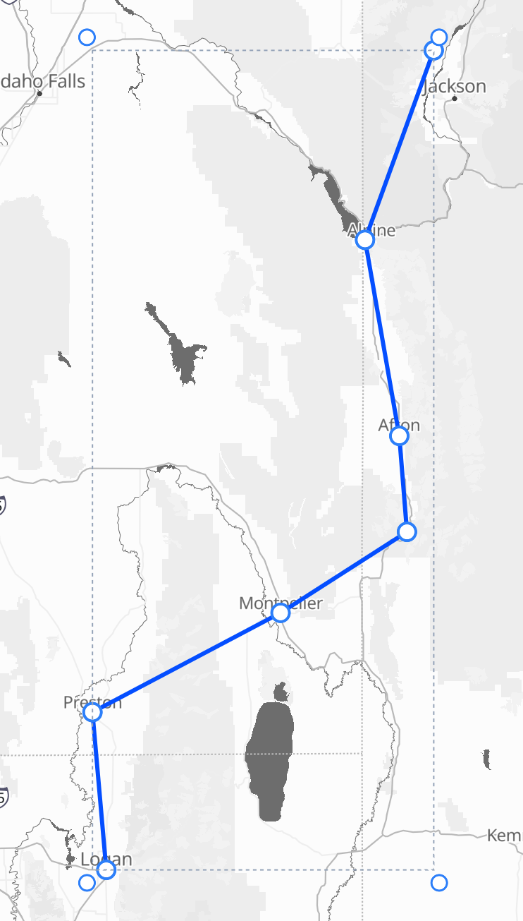 The same road-trip route drawn as a straight line between stops